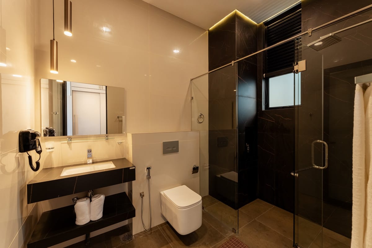 River View Room 2 bathroom, glass-walled shower